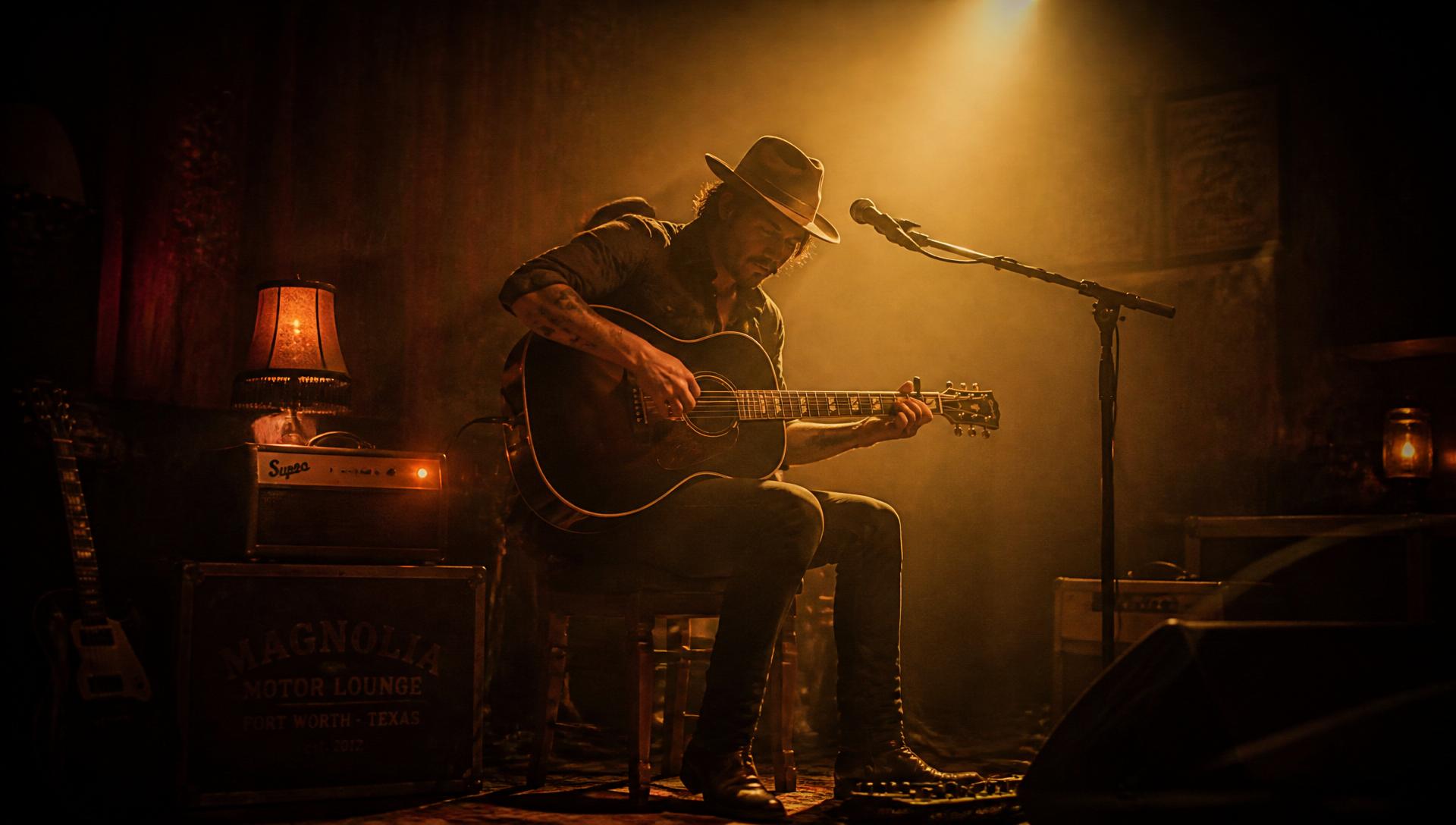 A solo musician onstage in warm tungsten light
